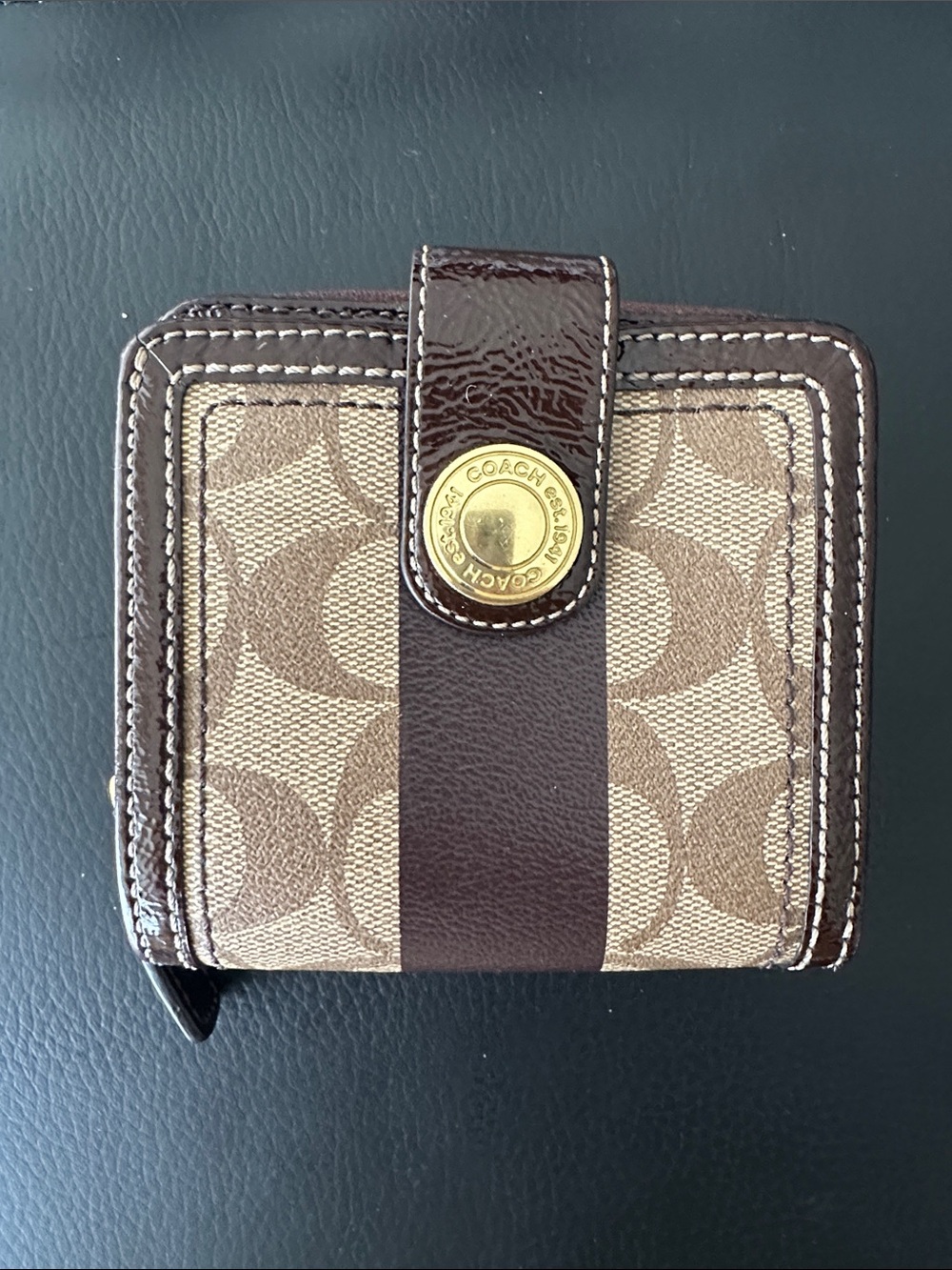 Coach Brown Signature Stripe Small Zip Wallet
